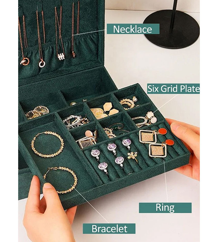 YouBella Jewellery for Women Jewellery Organiser Velvet Two Layer Portable Storage Box Case with Dividers Container for Rings, Earrings, Necklace Home Organizer (Jewellery_Box_32) (Green)